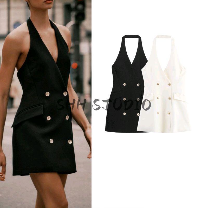 Autumn New Women's Clothing Commute Style Double Breasted Button Decoration Hanging Collar Mini Business Suit and Dress 3608536