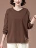 Women's Plus Size Long Sleeve Slimming Cotton Top - Solid Color, Autumn Style for Middle-Aged Moms