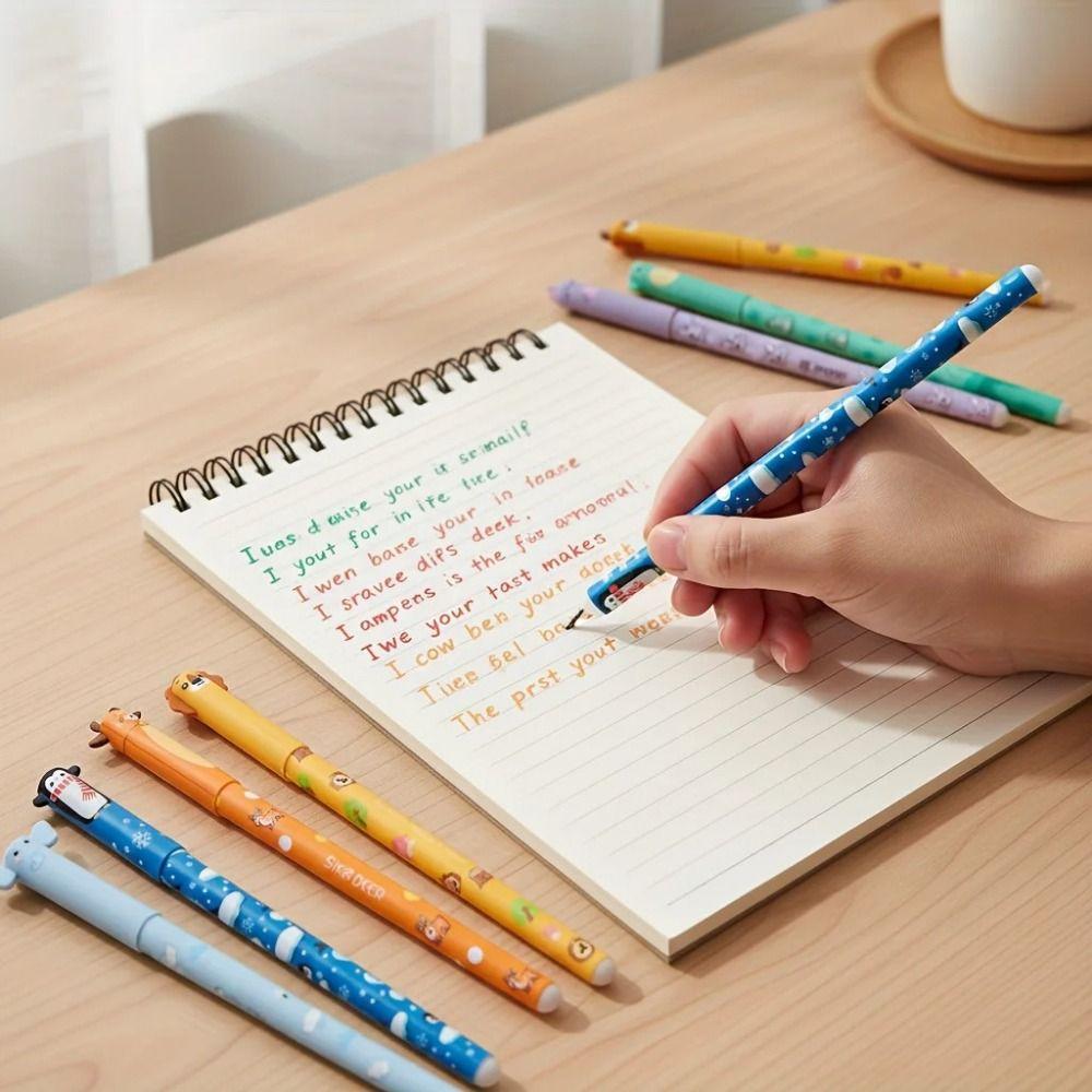 8pcs/Set Cartoon Animal Series Erasable Pen 8 Colors Writing Tool Ballpoint Pen 0.5mm Tip Neutral Pen Note-Taking