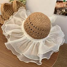 Straw Hat Women's New Small Fresh Lace Straw Hat Summer Travel Sun Protection Hat Big Brim Beach Sun Hat