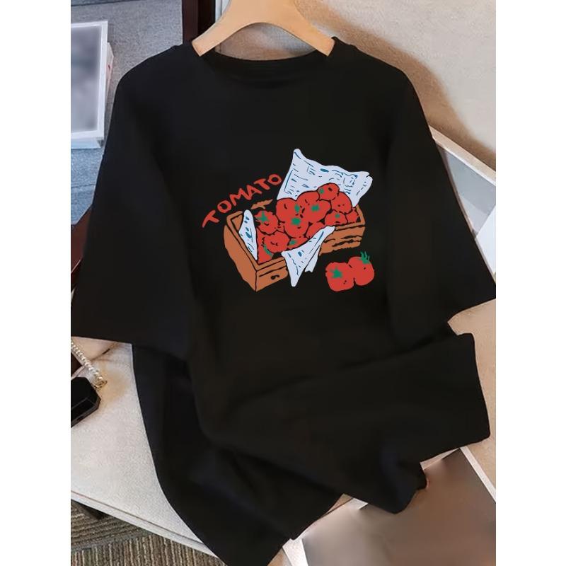 Summer 2025 Women's Short Sleeve T-Shirt Black Geometric Tomato Strawberry Printed Loose Fit Round Neck Casual Tops Summer