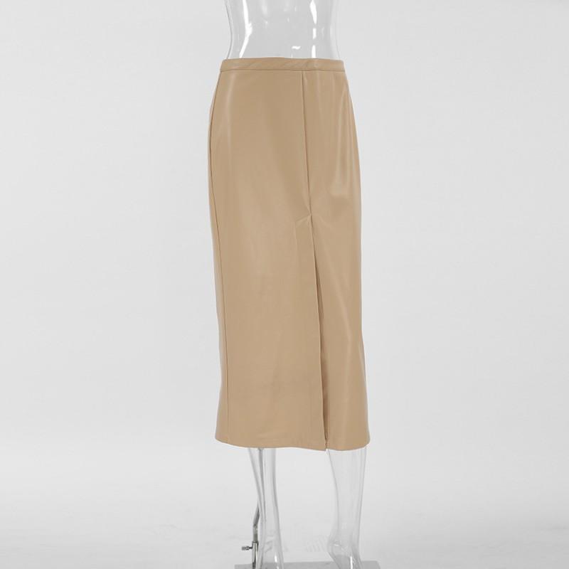 Vintage Khaki PU Midi Skirt High Waisted Split Straight Leg Workwear Women