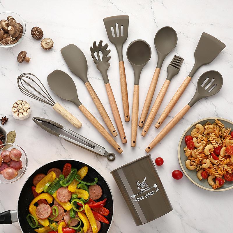 4/11/12PCS Silicone Cooking Utensils Set Non-stick Spatula Shovel Wooden Handle Cooking Tools Set with Storage Box Kitchen Tools