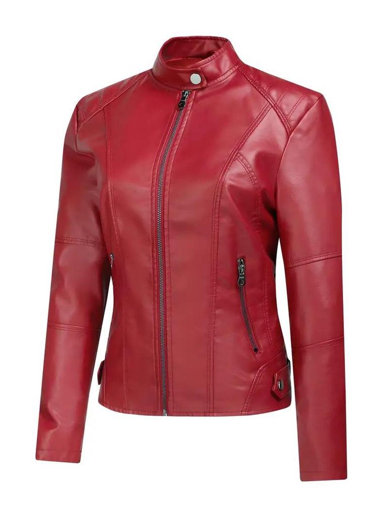 Women’s European-American Leather Motorcycle Jacket with Zipper - Retro Short Style