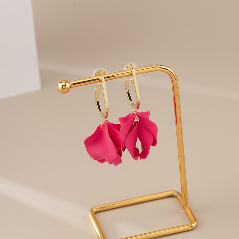 Exaggerated Rose Red Petal Clip-On Earrings: High-End European/American Style, Fashionable Mosquito Coil Design.