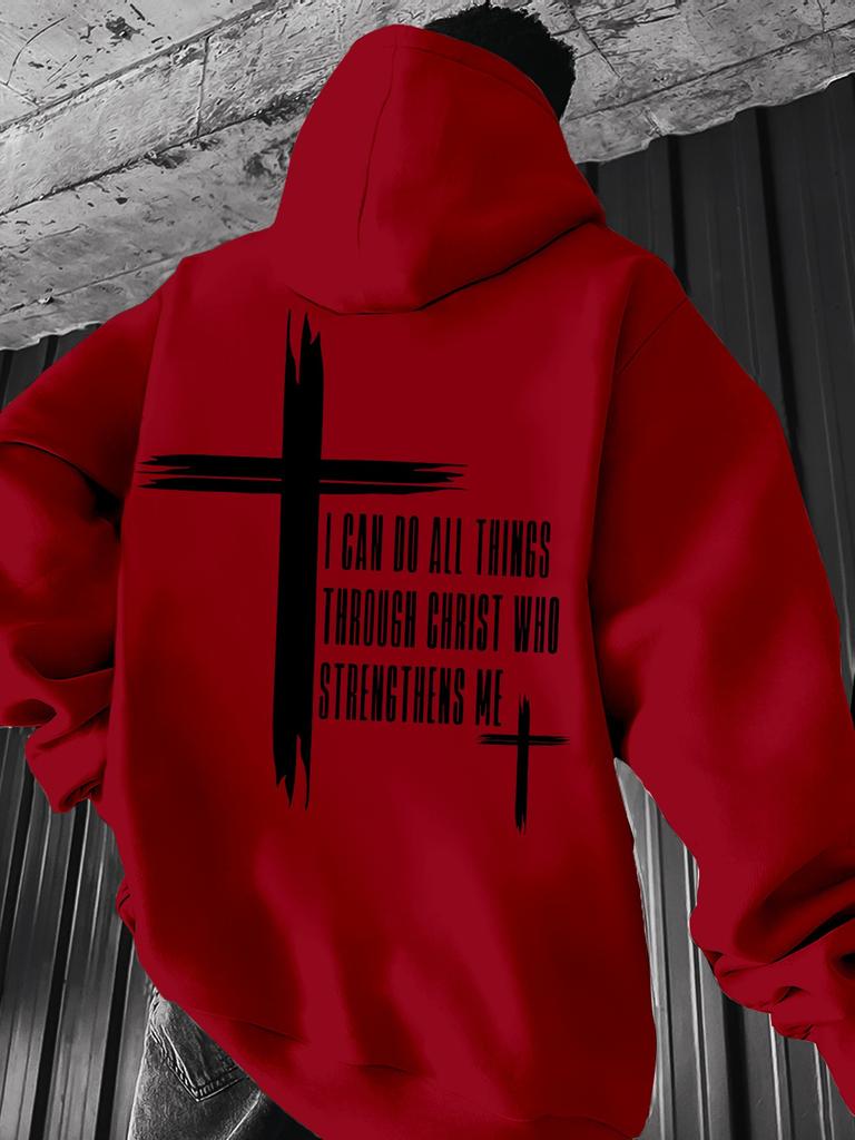 Christian Scripture Hoodie for Men Philippians 4:13 Cross Design Black Casual Pullover Hooded Sweatshirt Hip Hop Streetwear Top