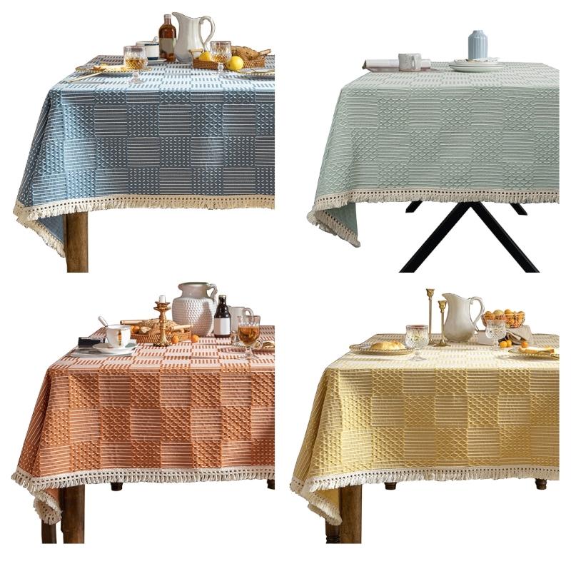 Fringed Table Cover Stains Resistant Polyester Linen Texture Tablecloth Decors For Kitchen Dining Room Decorations