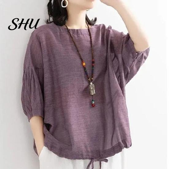 Summer Casual T-shirt Women O-Neck 3/4 Batwing Sleeve Pullover Blouse Tops Solid Color Loose Fit Streetwear Shirt