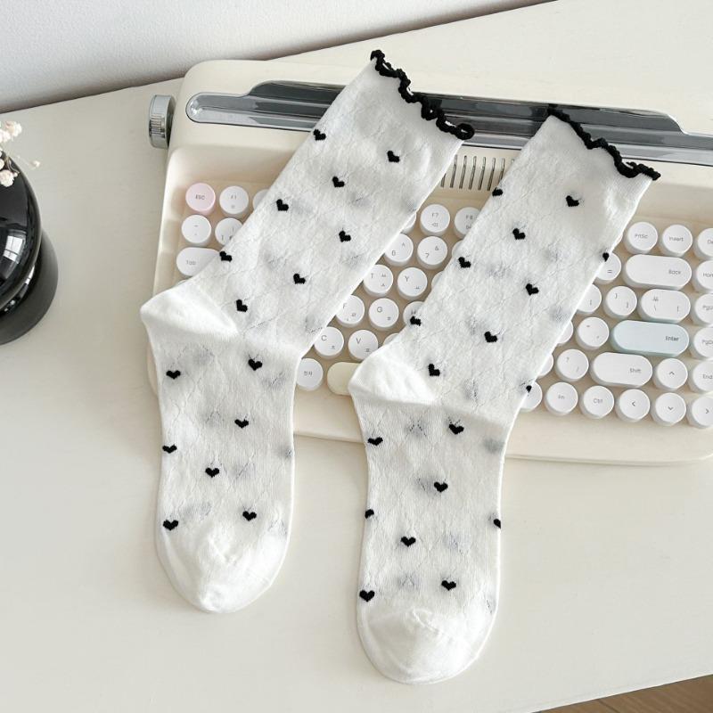 Women's Summer Socks with Mesh, Black Fungus Edges, Pile Socks, Lace Bows, Mid-calf Socks, Boneless Breathable Socks
