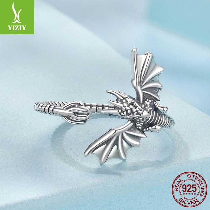 S925 Sterling Silver Feilong Open Ring, Retro Three-Dimensional National Tide Style Adjustable Ring Jewelry