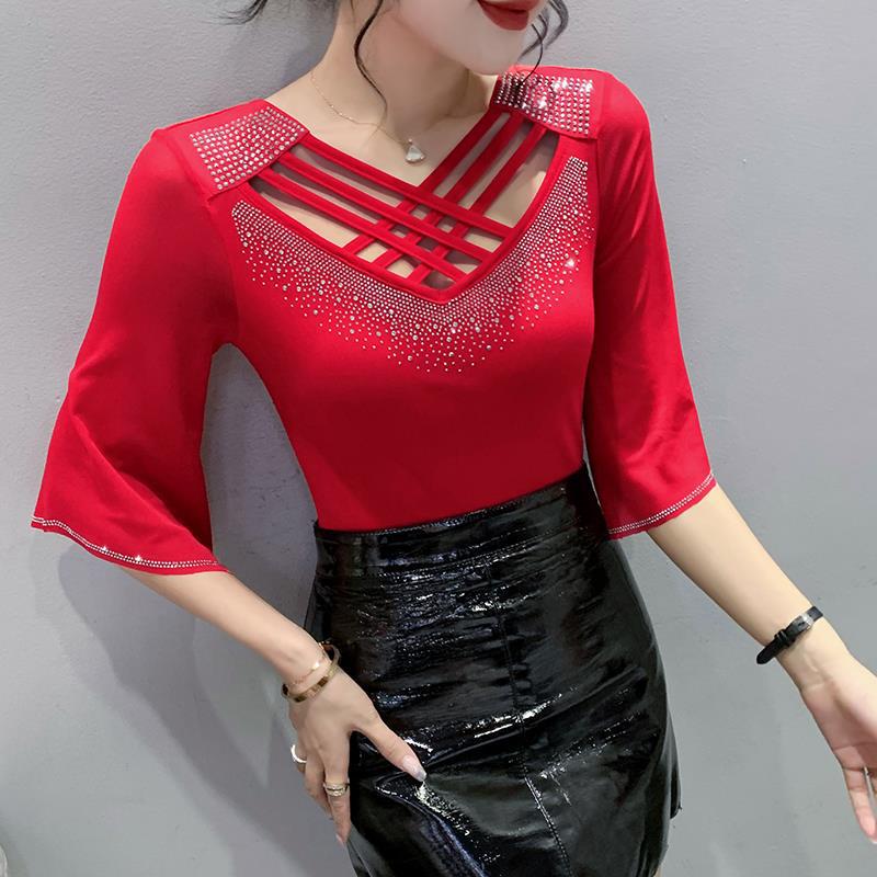 2024 Summer Mesh Fashion Cross Hollow Hot Drill Slimming Sun Protection Top for Women
