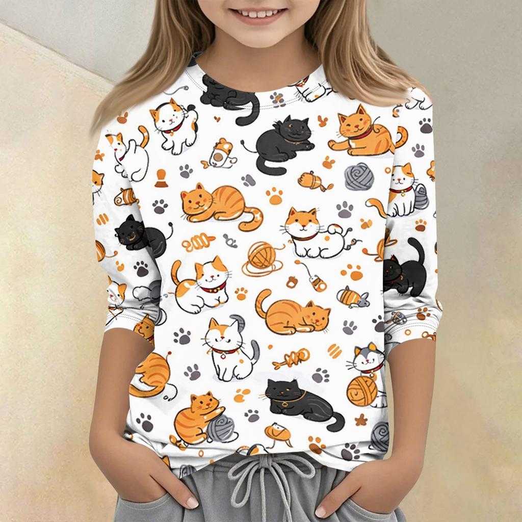 Children's Printed Round Neck Seven Quarter Sleeve Casual T-shirt
