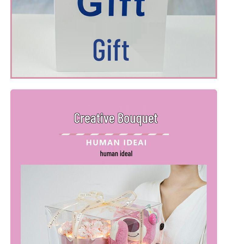 Strawberry Bear Doll & Preserved Rose Bouquet - Soap Flower Gift for Girlfriend