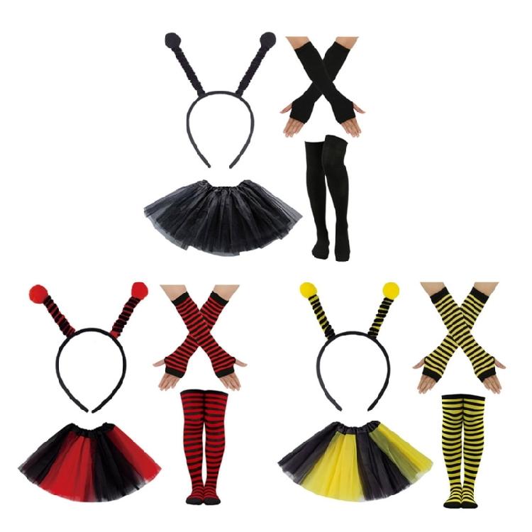 4Pcs Bees Cosplay Costume for Women Halloween, Bees Headbands, Tutu Skirt Bees Striped Leg Warmers Stocking, Long Gloves