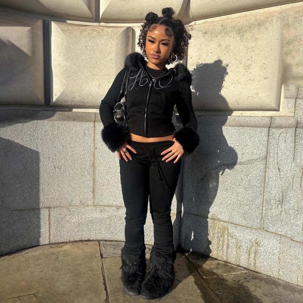 2025 Fall/Winter European Furry Hoodie & Rhinestone Sweatpants Set