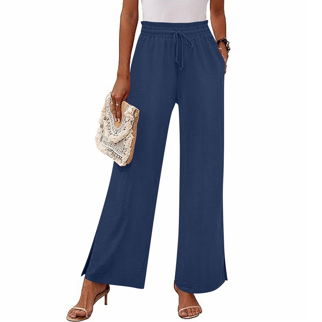 Women's Fashion Loose Wide Leg Pants Slits At The Cuffs Elastic Waist Drawstring Pockets Casual Pants