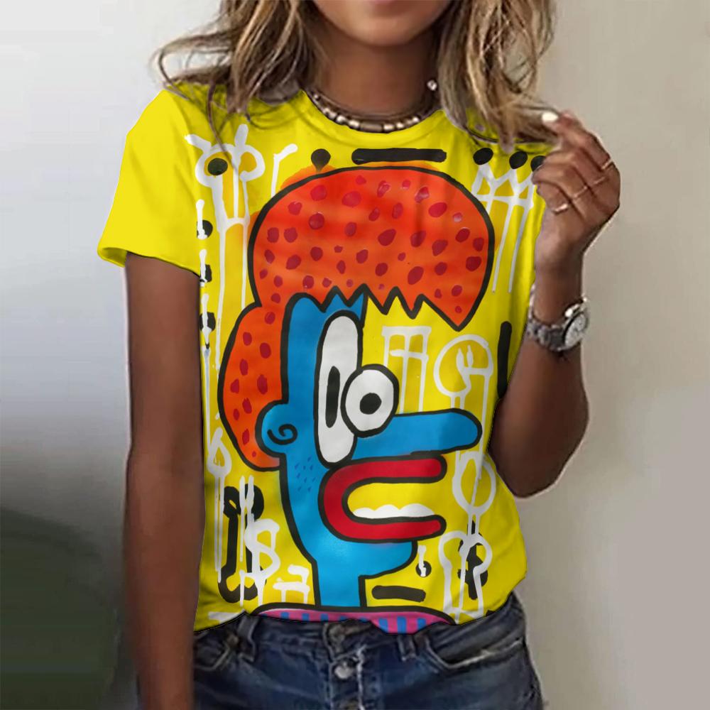 Letní dámské tričko Abstraktní kreslený potisk Tričko Harajuku Vintage Krátký rukáv Kulatý výstřih Top Nadměrné Dámský design Oblečení