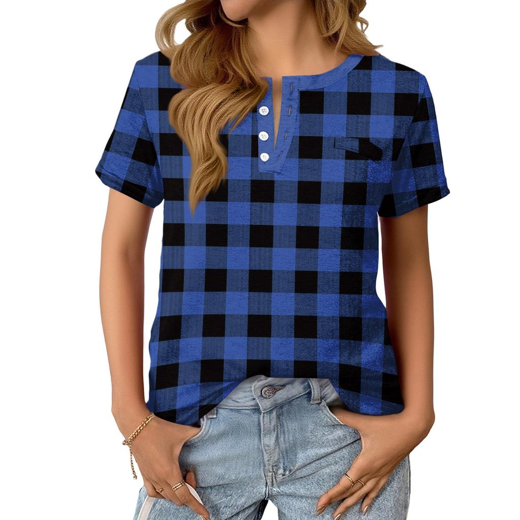 Women's Fashionable Casual Summer Plaid Print V-neck Button Short-sleeved Top