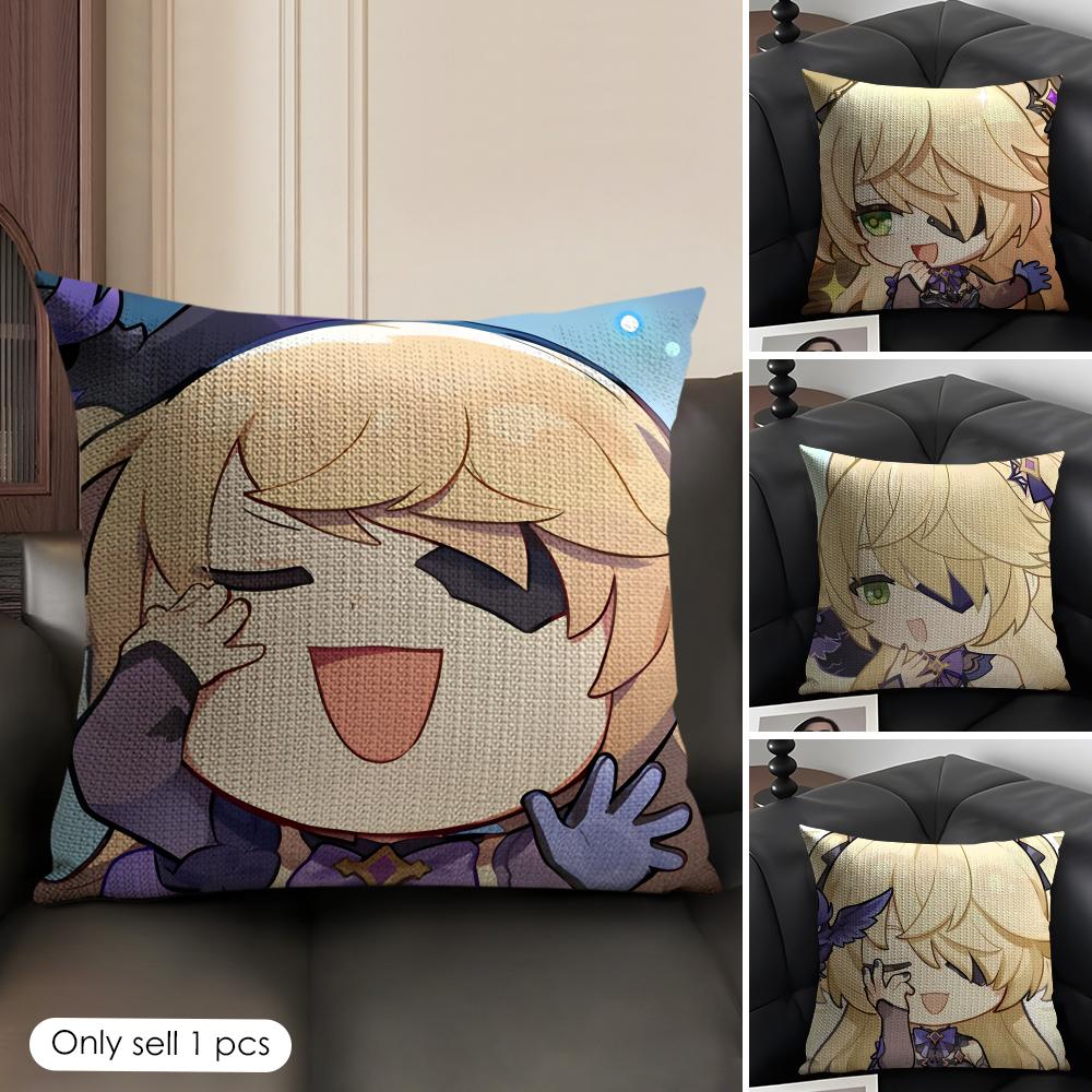 Fischl Cute Cute Genshin Impact Cushion Cover Natural Linen Organic Fabric Double-Sided Printing Sofa Home Decor Pillow Case