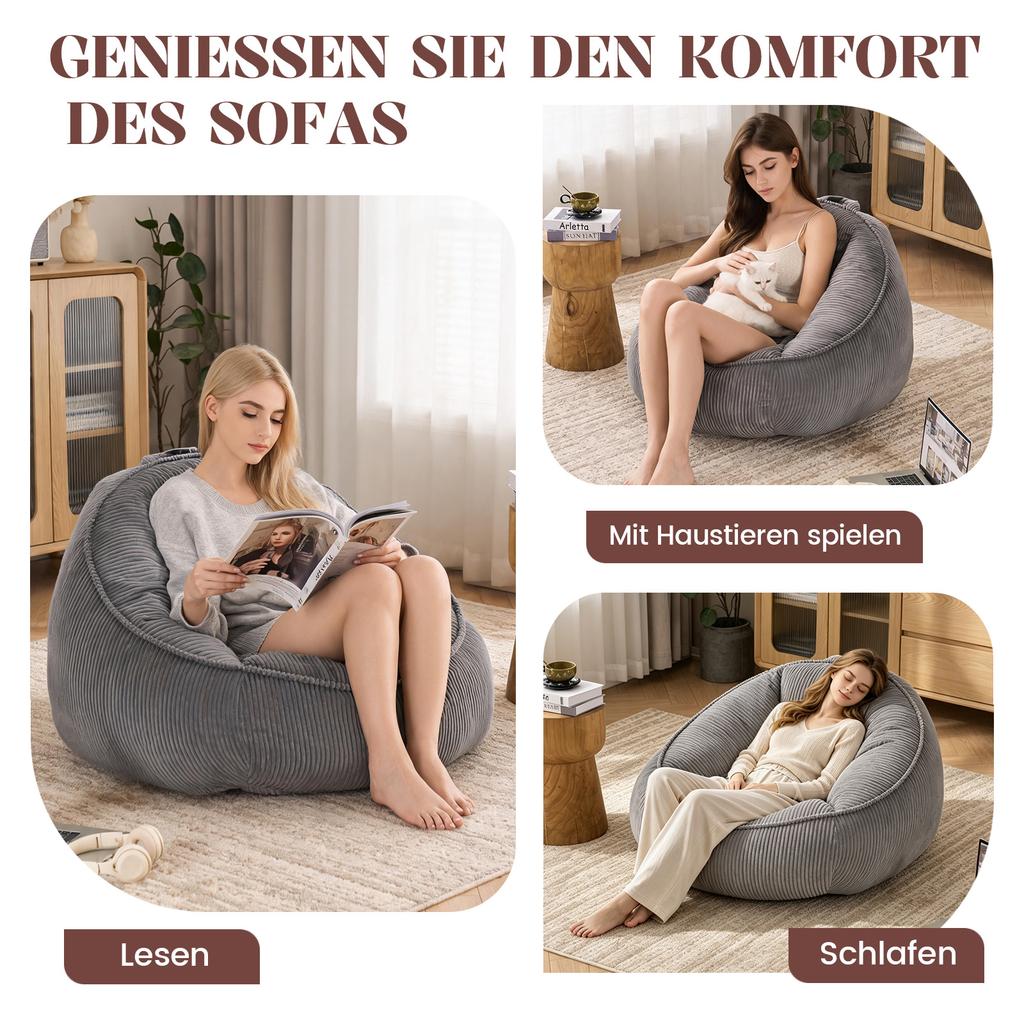 Sitzsack, Sitzsack für Erwachsene und Kinder, für Wohnzimmer, Schlafzimmer, Spielzimmer, Büro - Mittel (Hellgrau)