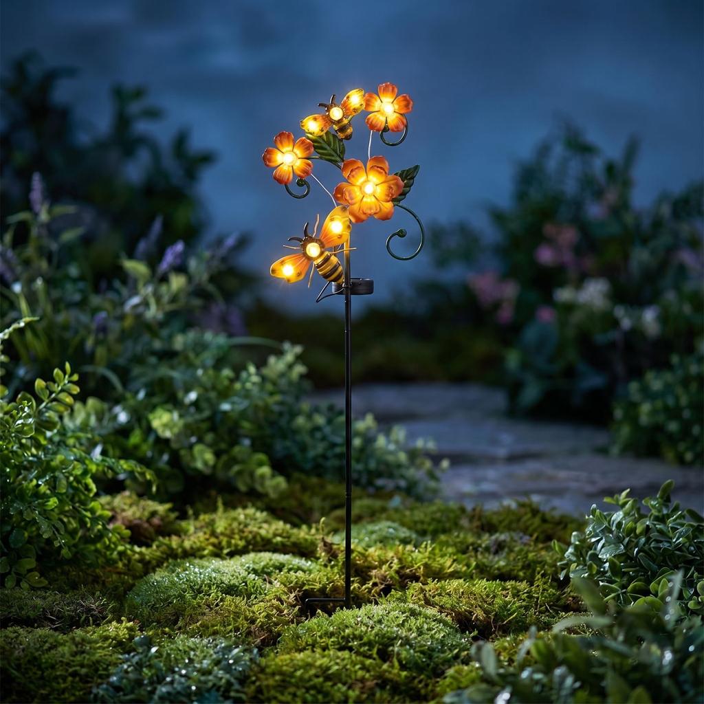 Solarbetriebene Gartensteckleuchte mit künstlichen Blumen und Bienen-Dekoration, Außen-Hof-Landschaftslampe für Weg Rasen Terrasse