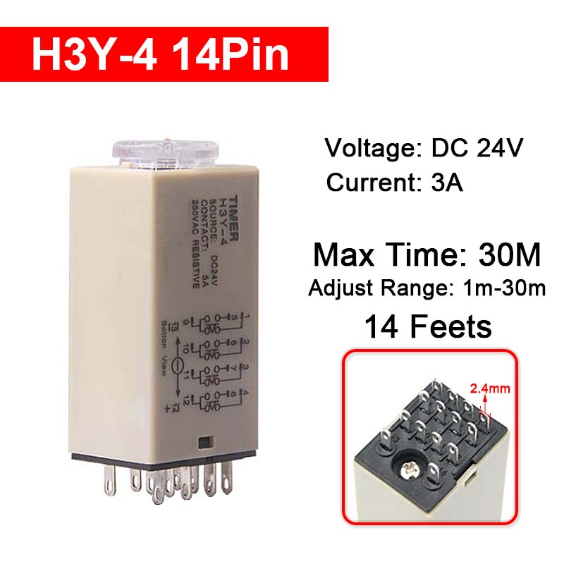 1 Pc H3Y-4 Small Time Delay Relay DC12 24V 14Pin Electricity Delay Type Power-on Delay Rotary Knob 1S/5S/10S/30S/60S/5M/10M/30M Relays 5