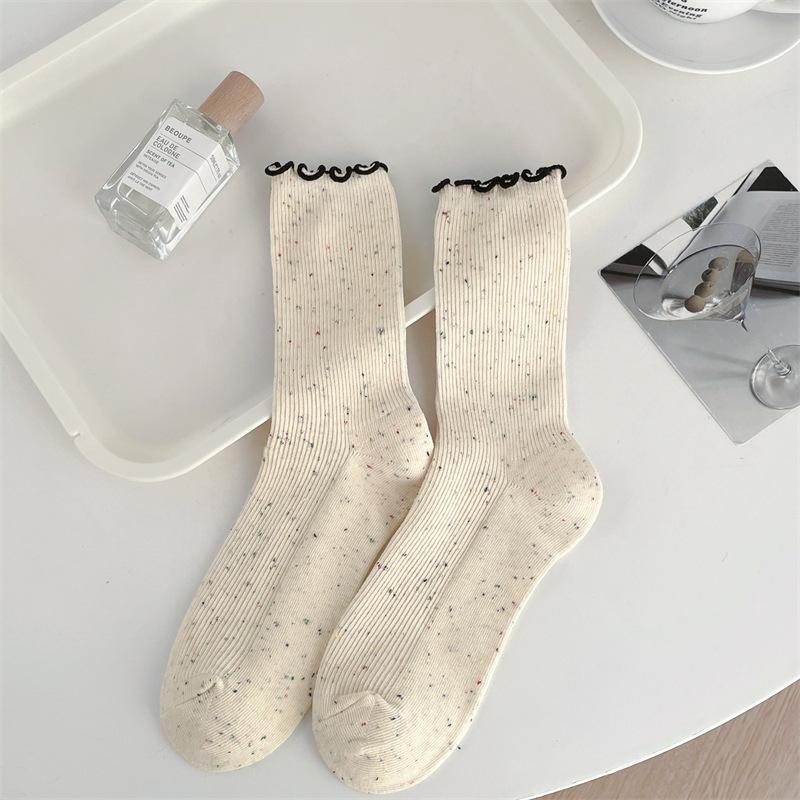 Frühlings- und Herbstsocken mit gepunktetem Garn in Cremefarbe und Aprikotfarbe, Baumwollsocken bis zur Wade für Damen, Trendige Frotteesocken
