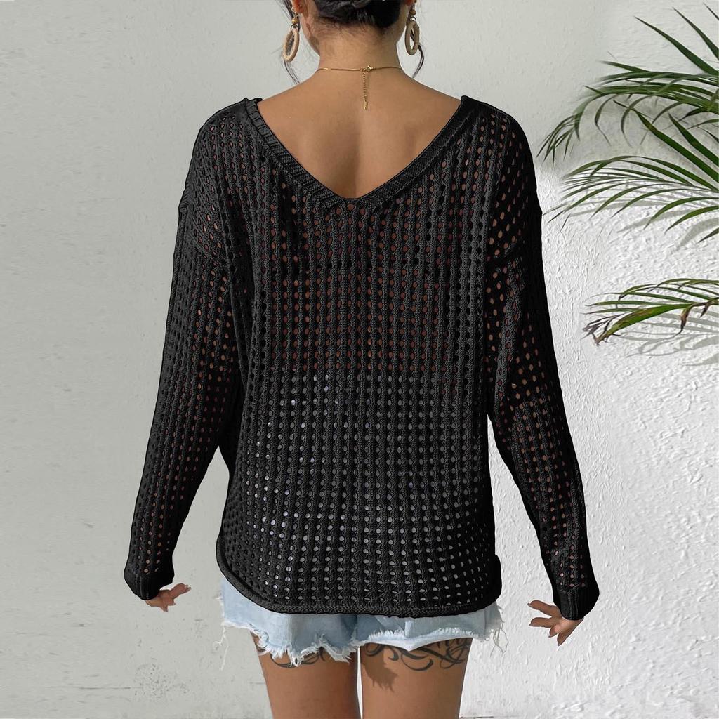 Women's Loose-Fit Knitted Sweater with Butterfly Tie-Up and Hollow-Out Sleeves
