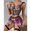 Ladies Lingerie Set with Embroidered Hollow Flower Patterns Cute Metal Charm Clips Uniform Style Apron Set for Sexy Costume Play