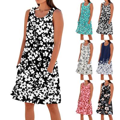 Print Dresses For Women Loose Beach Vacation Casual Sleeveless Sundresses With Pockets Tank Dress