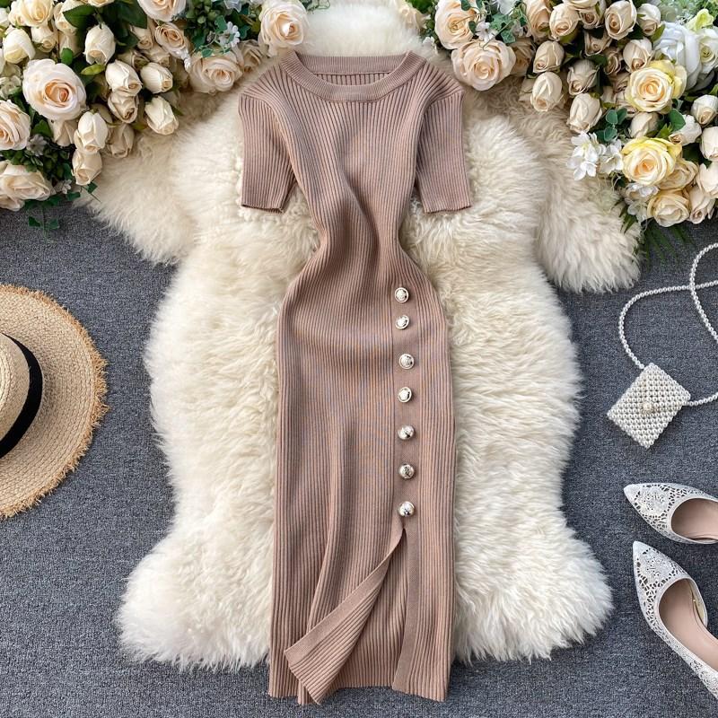 Korean Simple Solid Color Breasted Slim-fitting Short-sleeved Knitted Split-ended Hip-wrapped Dress