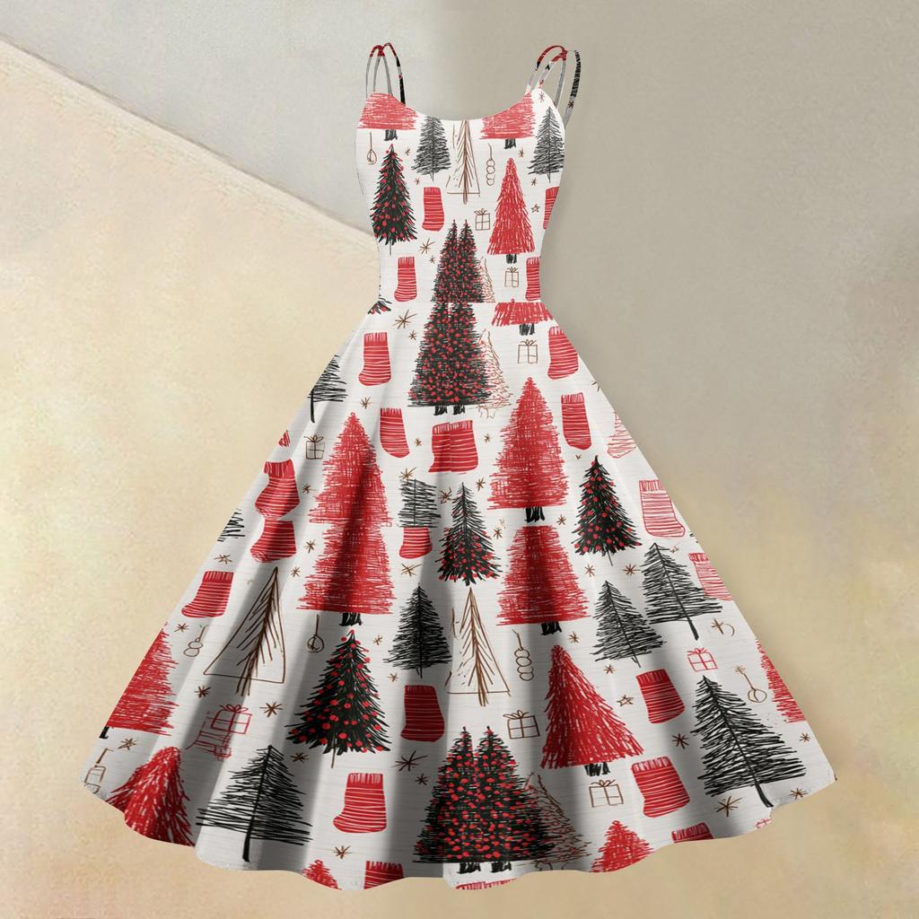 Women's Casual Sleeveless Dress with Christmas Print and Round Neck for Holiday Party