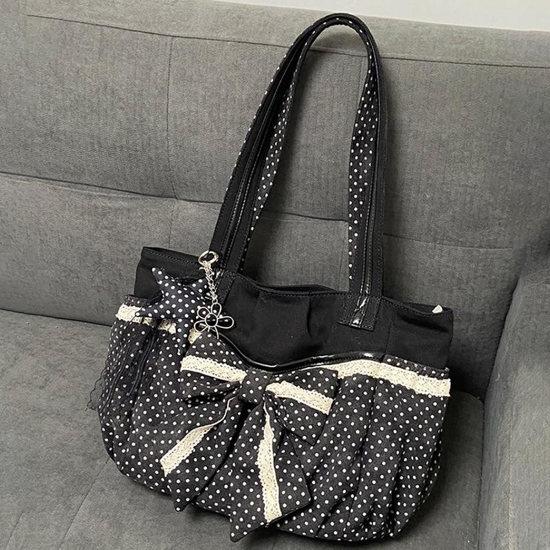 

Polka Dot Canvas Tote Bag With Lace Bow Decoration Large Capacity Casual Shoulder Bag Vintage Style Cute Daily Commuter Handbag 37x15x26cm чорний