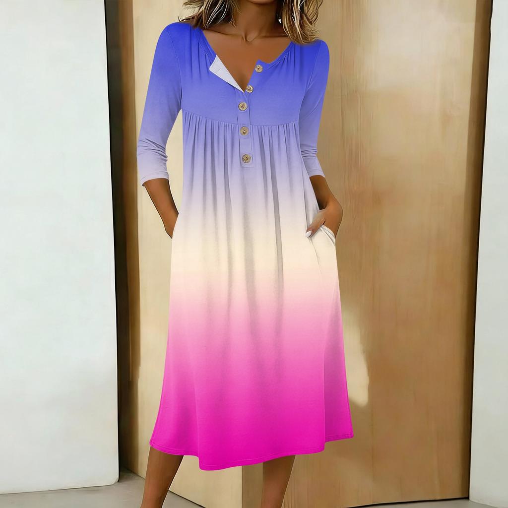Women's Fashionable Color Printed Round Neck 3/4 Sleeve Button Collar Mid Length Casual Dress