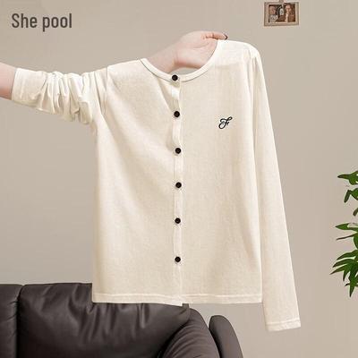 Women's Embroidered Round Neck Button-Front Long Sleeve T-shirt