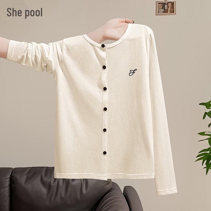 Women s Embroidered Round Neck Button-Front Long Sleeve T-shirt L