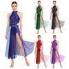 Women's Lyrical Dance Bodysuit Dress S-XXL: Rhinestone Sleeveless Color Blocking Mesh Slit Hem Leotard for Modern Contemporary Costume