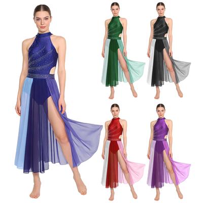 S-XXL Womens Lyrical Dance Bodysuit Dress Rhinestone Sleeveless Color Blocking Mesh Slit Hem Leotard Dress Modern Contemporary Dance Costume