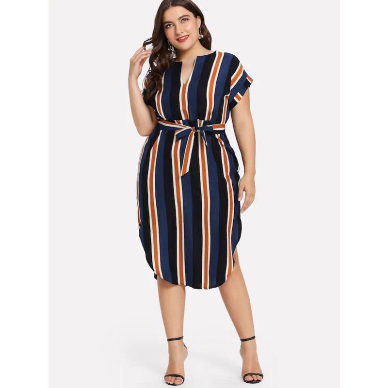 

Летние женские платья размера плюс с короткими рукавами, полосатые с поясом, тонкие длинные платья с v-образным вырезом L