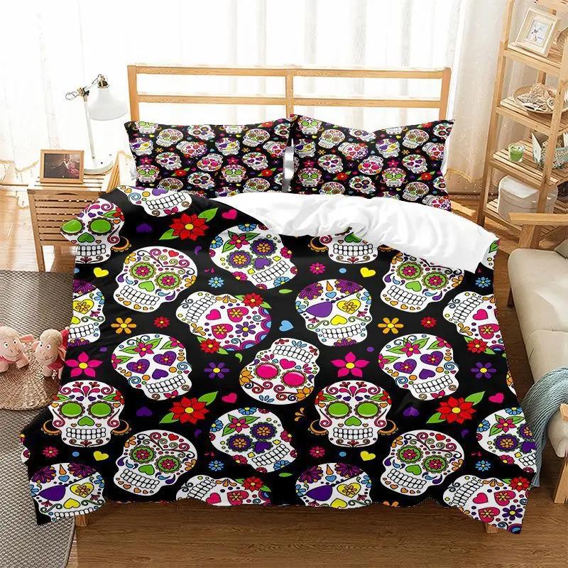 Comforter Halloween Printed Duvet 2 People Bedding Set Color Sugar Skull Microfiber Bedroom