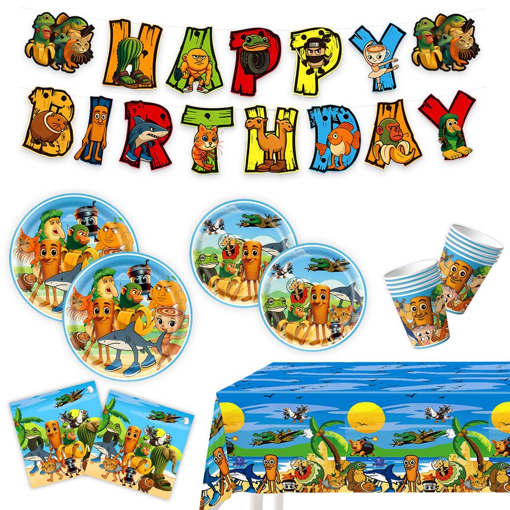 1 SET/66 STÜCK Shanhaijing Happy Birthday Thema Cartoon Kindergeburtstagsparty Zubehör Geschirr Lustige Geburtstagsdekorationen Fahne