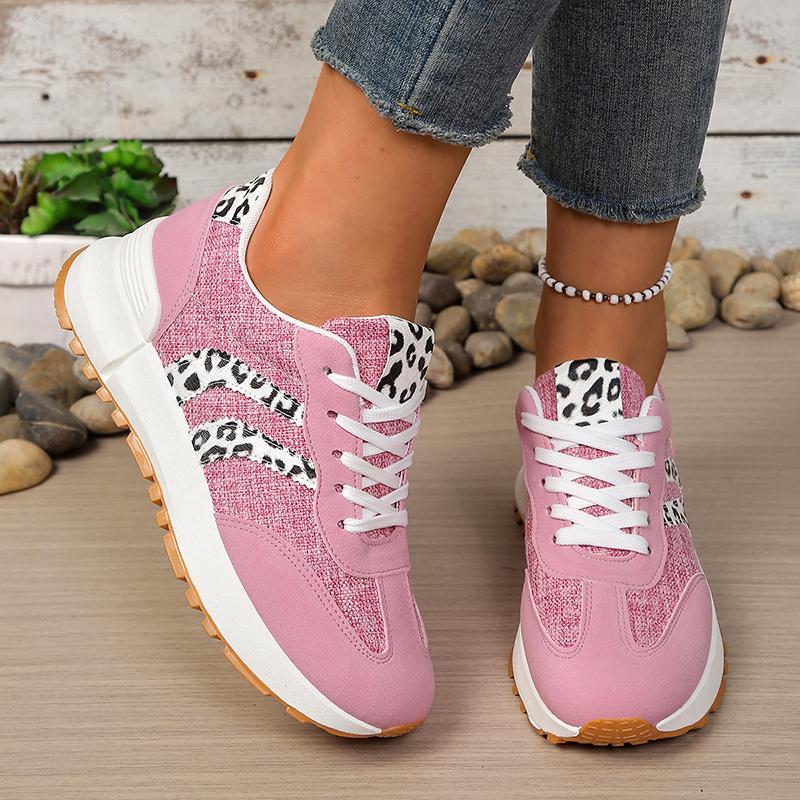 Women Pink Leopard Print Platform Sneakers Spring Non Slip Lace Up Casual Shoes Plus Size Comfortable Breathable Running Shoes