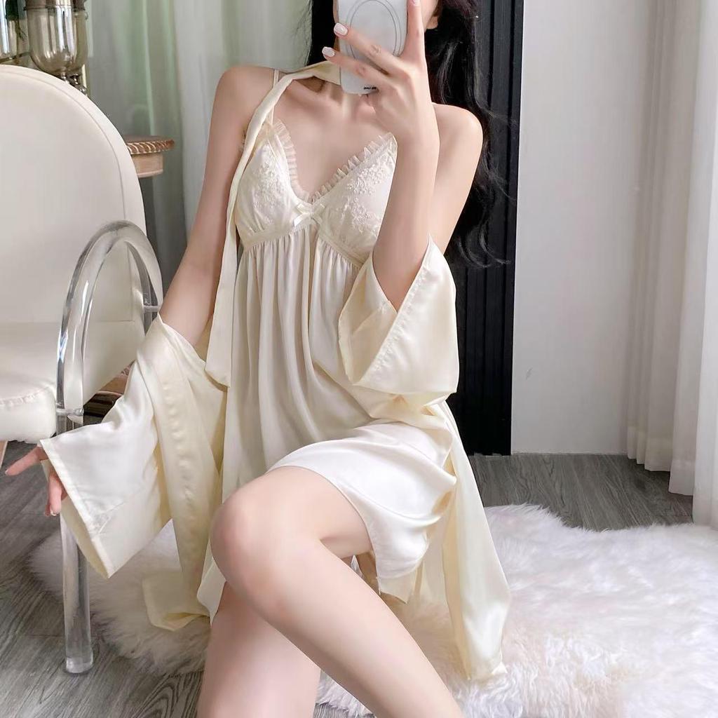 Set de cămașă de noapte cu mânecă lungă din mătase de gheață pentru femei și halat din dantelă cu cupe pentru bust - Îmbrăcăminte de noapte casual de înaltă calitate 2025.