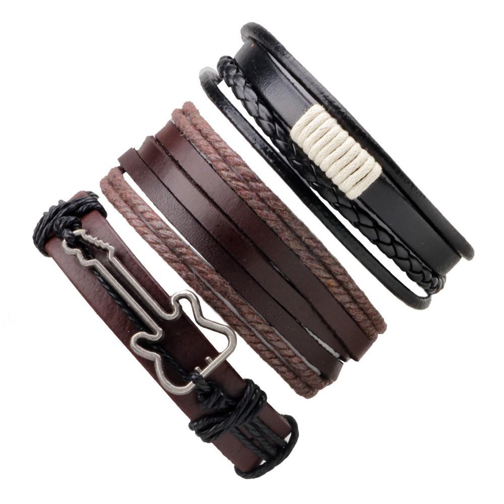 Men's Retro Multi-Strand Cowhide Anchor Bracelet Set with Wood Beads
