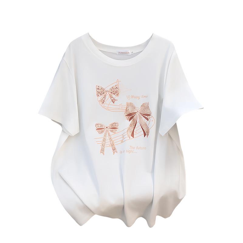 Women's Plus Size Loose Mid-Length Round Neck Short-Sleeve T-Shirt (Sizes 200/300/350 Jin)