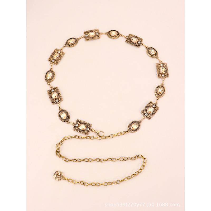 Mary Waist Chain Accessories Dress Gold Silver Metal Oval Carved Chain Rhinestone Belt Women's Multi-hoop Design