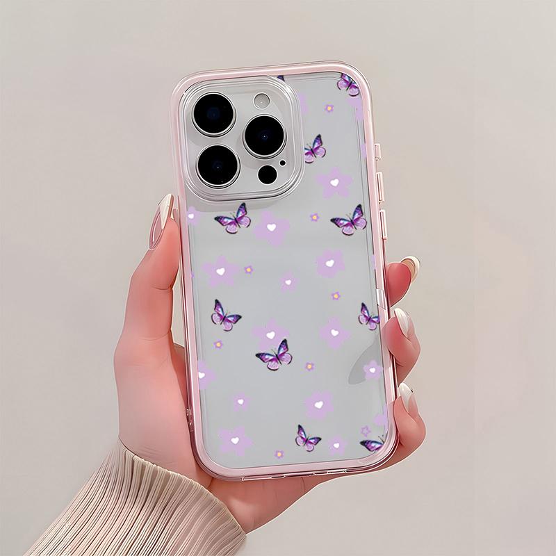 Funda de Teléfono Transparente Rosa de TPU con Mariposa y Flor Morada Para iPhone 11 12 13 14 15 16 17 Pro Max Plus Cubierta de Silicona a Prueba de Golpes