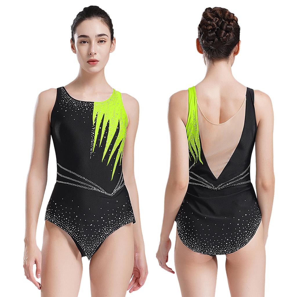 Women Shiny Rhinestone Ballet Dance Leotard Rhythmic Gymnastics Athletic Activewear Competition Costume Sheer Mesh Bodysuit