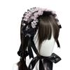 Sweet Gothic Lolita Headwear, Pink & Black Layered Ruffle Lace Headband with Bows, Dual Fixed Lolita Hair Accessory with Clips & Ribbon Ties