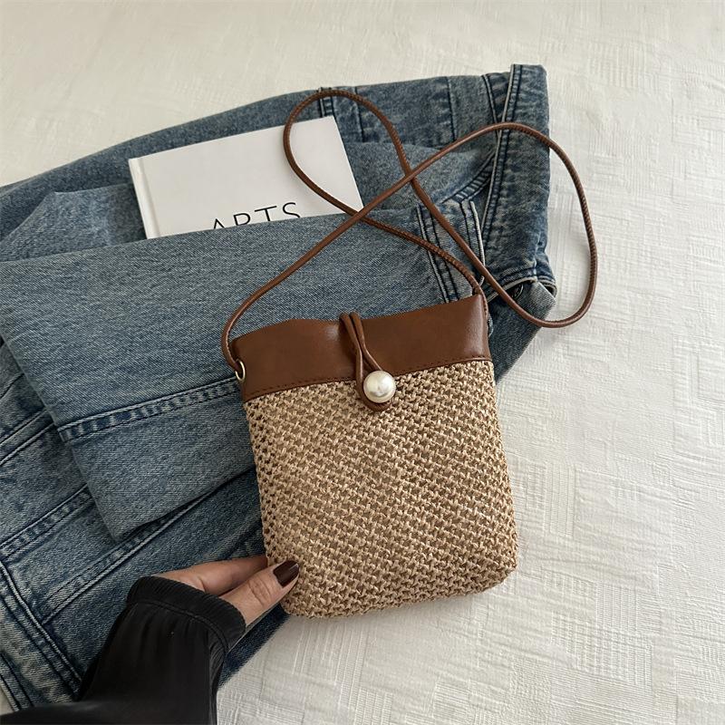 Плетеная сумка, сумка для мобильного телефона, маленькая сумка на плечо, женская французская ретро-соломенная плетеная сумка, мини-сумка через плечо, кошелек для монет, одно плечо